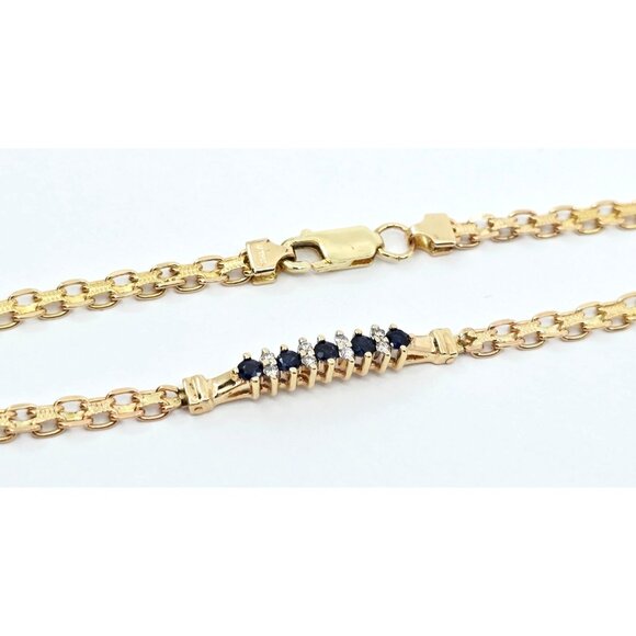 Unique 14K Yellow Gold Diamond & Blue Spinel Tennis Link Bracelet - 7.75" Length - Picture 7 of 12